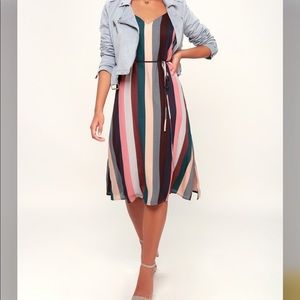 Erina Mauve Multi Stripe Belted Midi Slip Dress